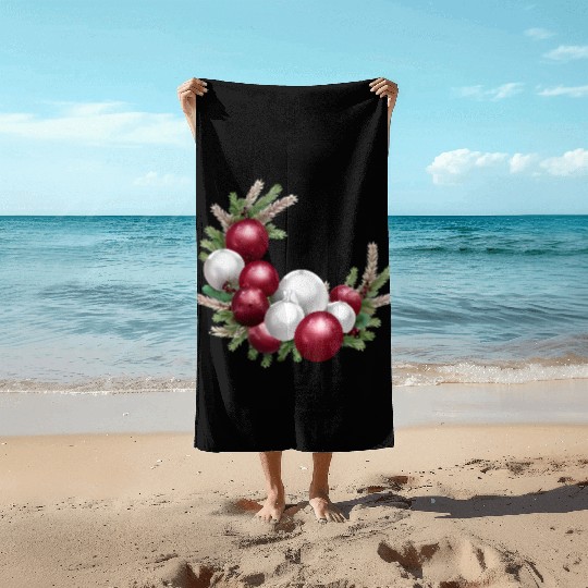 Cranberry and White Christmas Greenery Decor Beach Towels