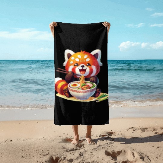 Cute Red Panda Eats Ramen Noodles Red Panda Beach Towels