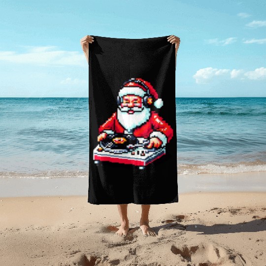 Retro 8-Bit DJ Santa: A Festive Musical Spin Beach Towels