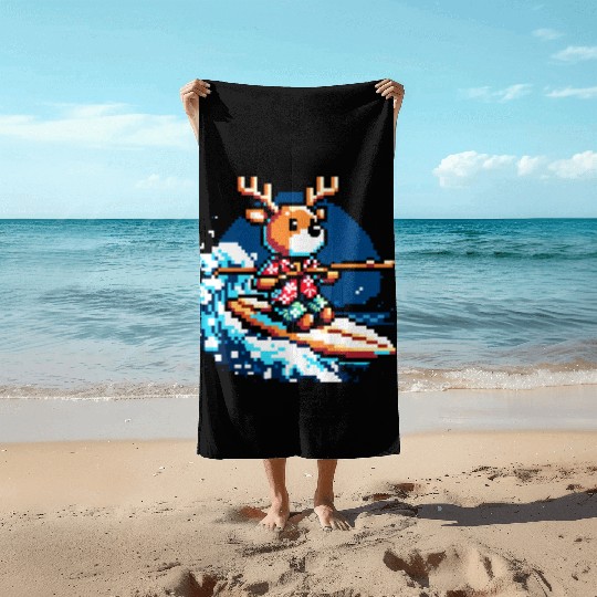 Surfing Reindeer: 8-Bit Holiday Wave Beach Towels