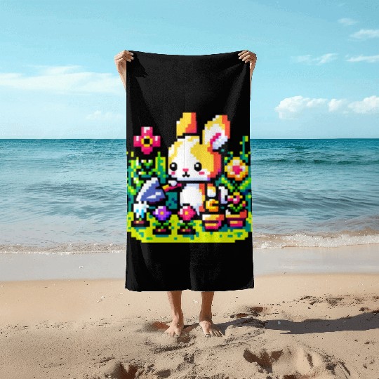 8-Bit Bunny Gardener: Retro Digital Garden Scene Beach Towels