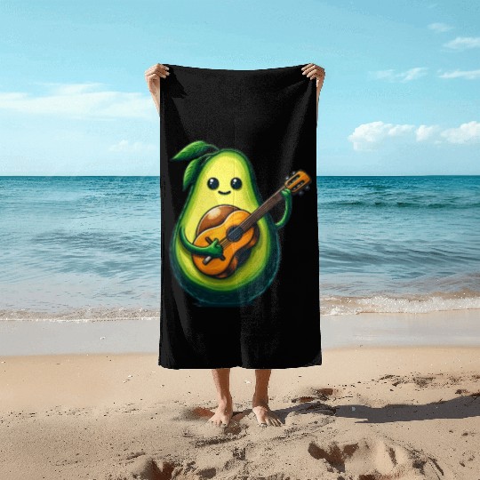 Avocado playing guitar Beach Towels