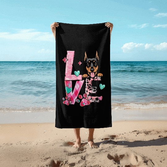 Doberman Dog I Love My Dog Valentines Day Beach Towels