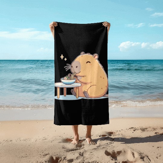 Cute Capybara Eats Ramen Noodles Capybara Ramen Beach Towels