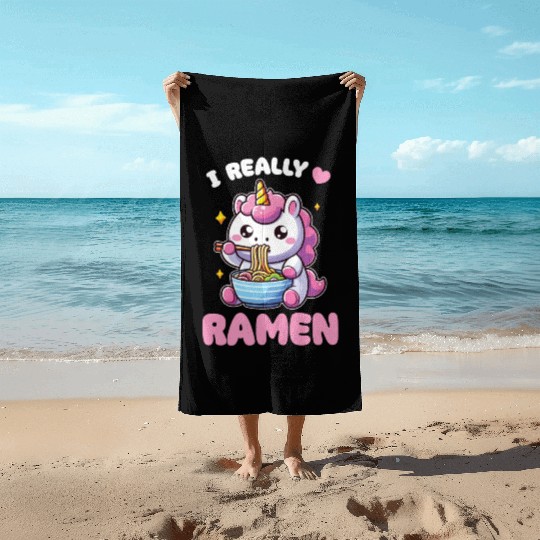 Cute Unicorn Eats Ramen Noodles Unicorns Ramen Beach Towels