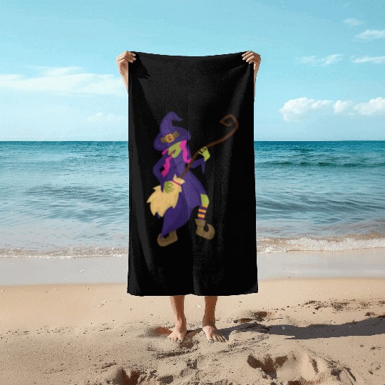 Halloween Witch Using Broom As Guitar Beach Towels