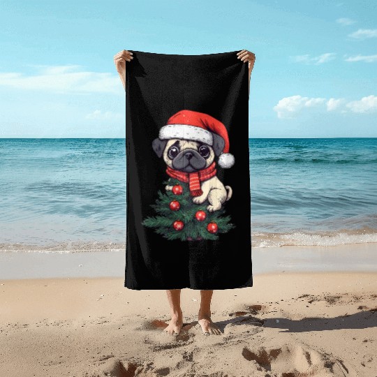 Christmas Pug - Adorable Tree Guardian Beach Towels