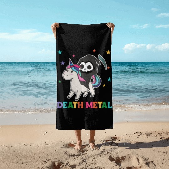 Death Metal - Death Riding Unicorn Funny Unicorn Beach Towels