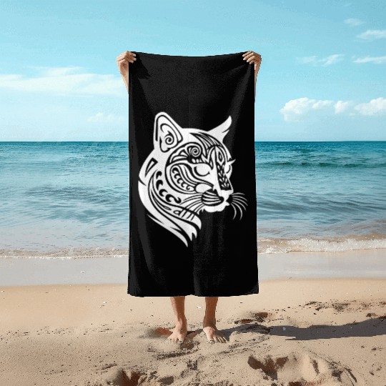 Cat Tattoo Artistry Unleashed in White Beach Towels