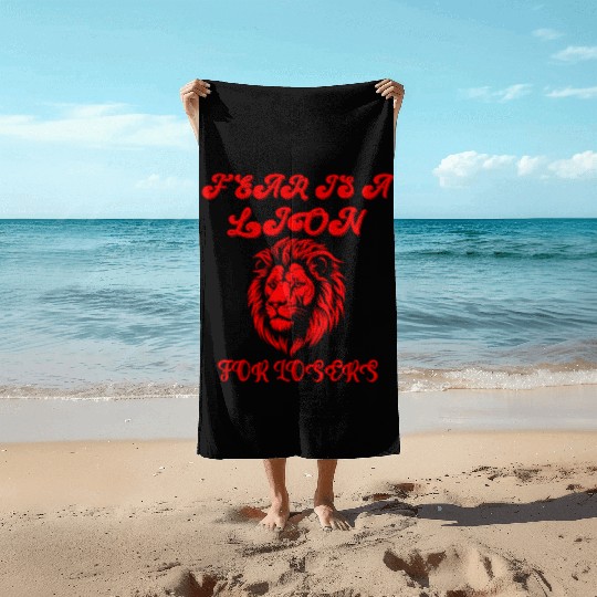 Defeating Fear with Courageous Lion Graphic. Beach Towels