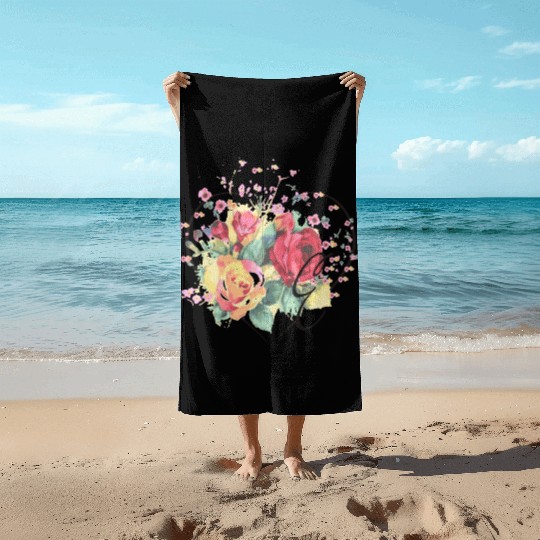 Letter E Monogram Floral Roses Heart Beach Towels