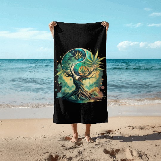 Tree Of Life Yin Yang Water Color Beach Towels