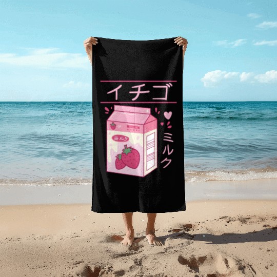 Japanese Strawberry Milk Drink Kawaii Kanji Vaporw Beach Towels