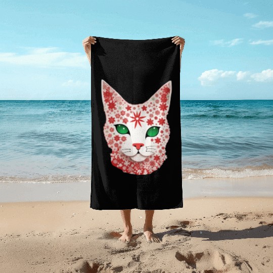 Christmas snowflake cat Beach Towels