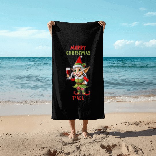Female elf Merry Christmas Y all 2 Beach Towels