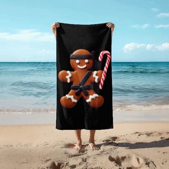 Funny Ninja Gingerbread Man Cookie Candy Cane Beach Towels