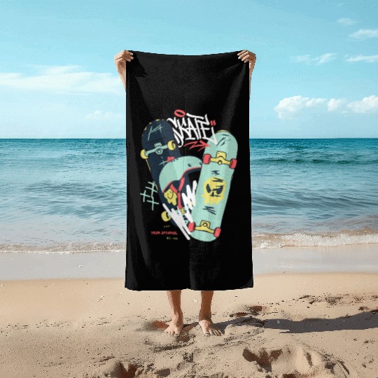 Black Light Green Modern Illustrated Skateboard Beach Towels