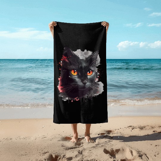 Black Cat Japanese Watercolor Mystery Gaze Beach Towels
