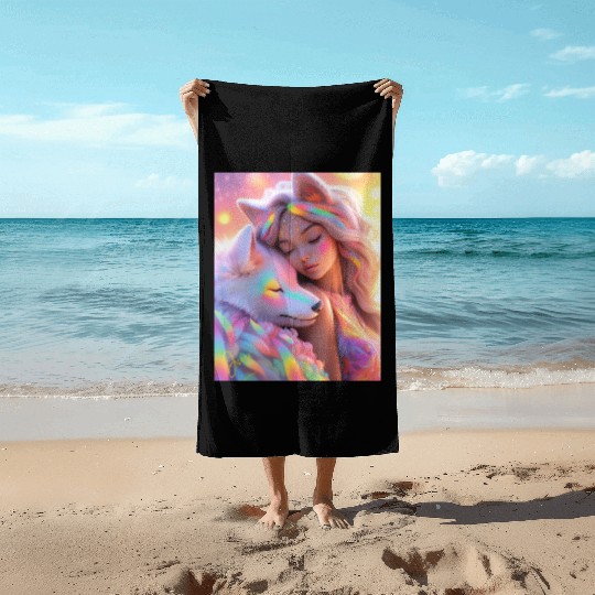 Rainbow Friends - White Wolf and Girl Beach Towels