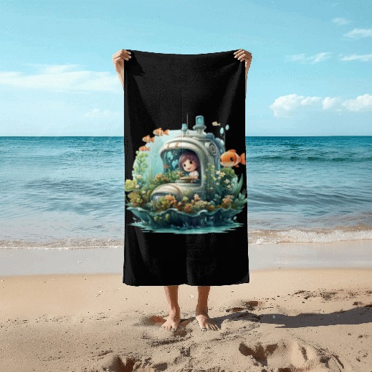 A delightful kawaii book submarine exploring Beach Towels