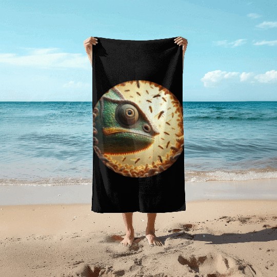 Chameleon head surrounded by bees Beach Towels