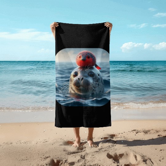 Seal and pufferfish friends from the ocean Beach Towels