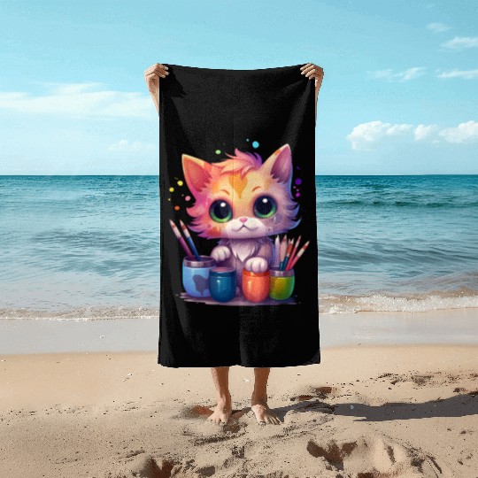 cute painting cat Beach Towels