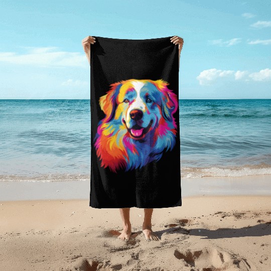 Watercolor Colorful Great Pyrenees Beach Towels