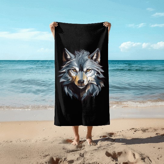 Majestic Wolf Face Illustration Beach Towels