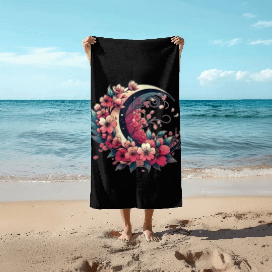 Moon And Cherry Blossoms In Japanese Style Beach Towels