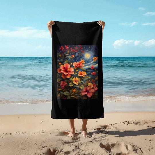 Colorful Hibiscus Under Starry Night Sky Beach Towels