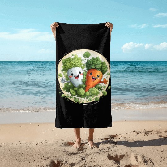 Cute kawaii carrot and a broccoli Beach Towels