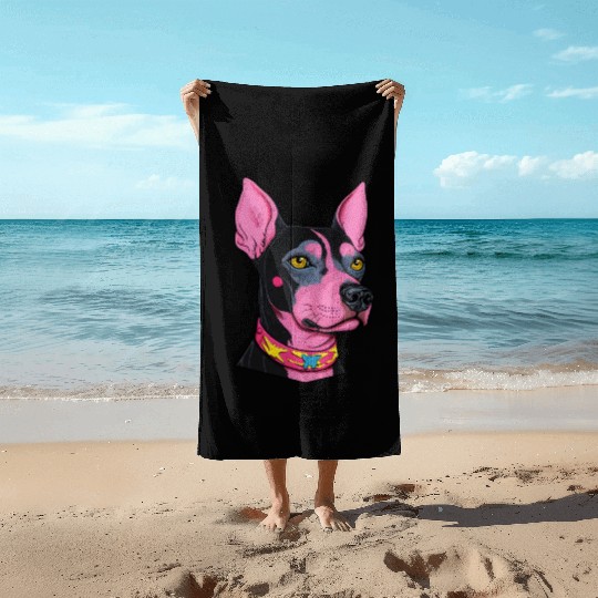 black and pink dog with yellow eyes Punk Rock Beach Towels