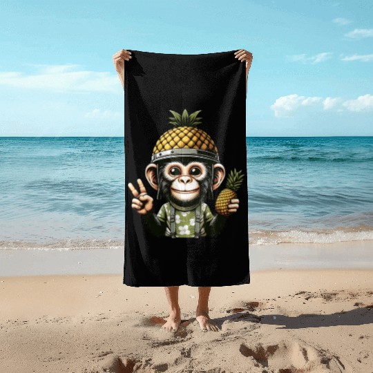 Friendly monkey in pineapple helmet Beach Towels