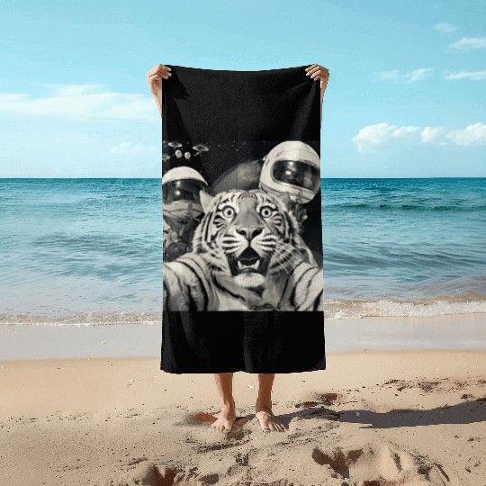 Funny Graphic Beach Towels Tiger Selfie with Alien UFOs
