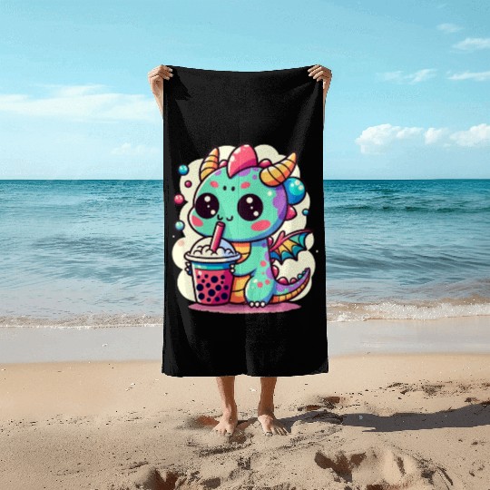 Boba Tea Dragon Kawaii Beach Towels