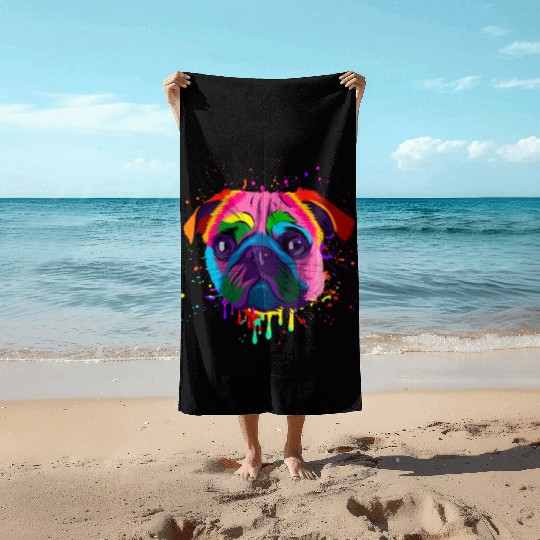 Colorful Pug Head Beach Towels