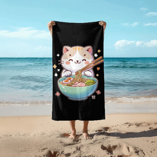 Cute Cat Eats Ramen Noodles Cats Ramen Beach Towels