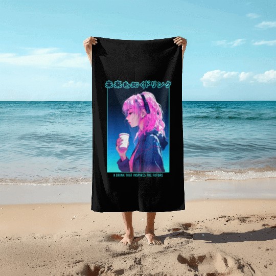 Vaporwave Cyber Anime Girl Japanese Aesthetic Punk Beach Towels