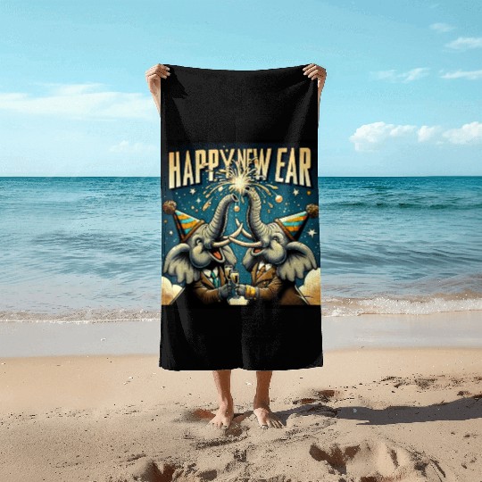 New Year's Eve Elephant Cheers with Champagne Beach Towels