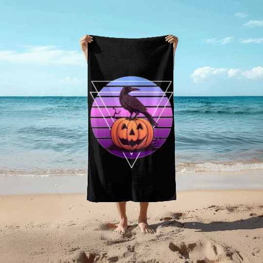 Raven Crow On Pumpkin Vaporwave Halloween Pagan Ae Beach Towels