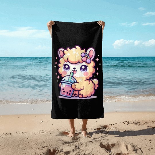 Kawaii Llama Sips Bubble Tea Cute Llama Boba Tea Beach Towels