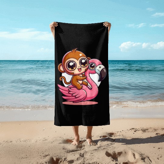 Monkey Rider on a Flamingo Beach Towels