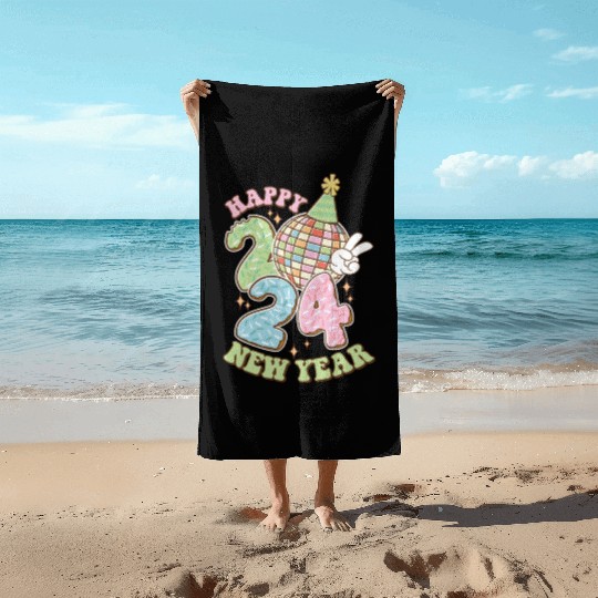 Happy New Year 2024 disco ball party Beach Towels