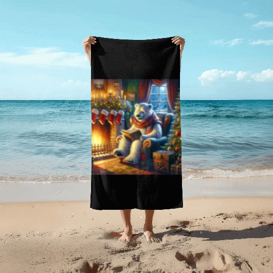 Winter Tales-Merry Cozy Bear Reading by Fireplace Beach Towels