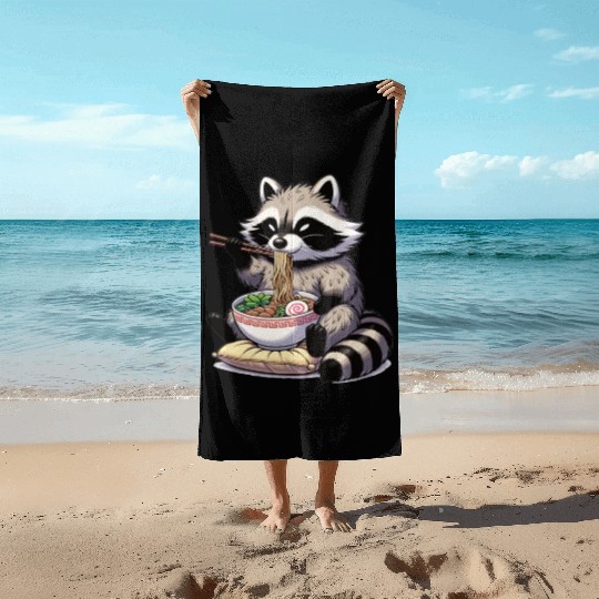 Cute Raccoon Eats Ramen Noodles Raccoon Ramen Beach Towels