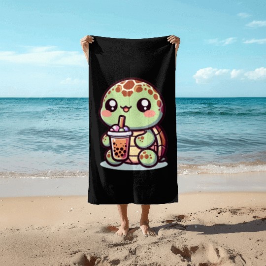 Kawaii Turtle Bubble Tea Lover Cute Sea Turtle Beach Towels