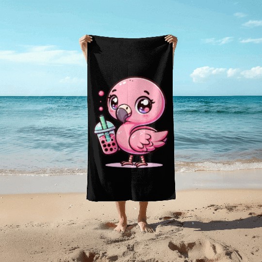Cute Kawaii Flamingo Bubble Tea Lover Flamingo Beach Towels