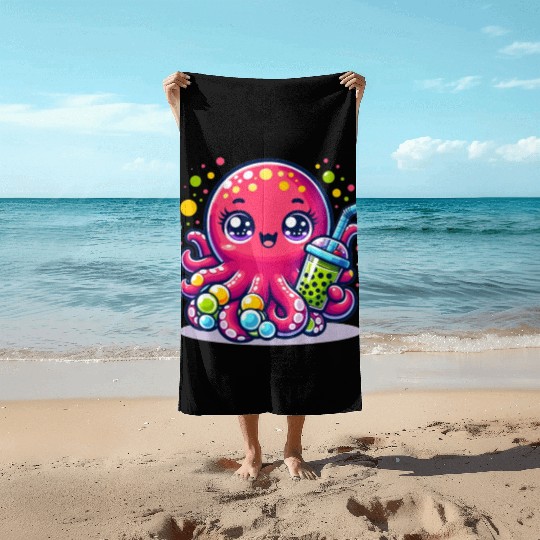 Kawaii Octopus With Bubble Tea Sea Ocean Boba Tea Beach Towels
