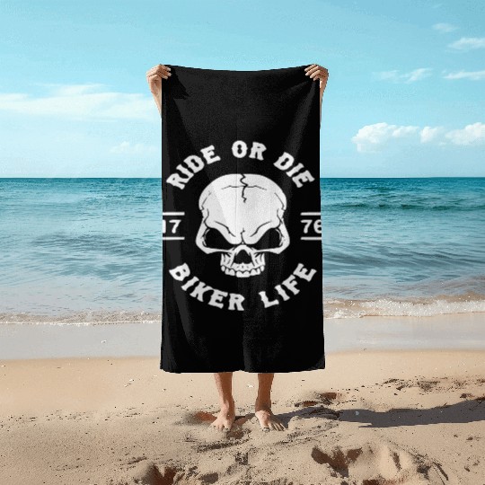 Biker Skull Ride Or Die © WhiteTigerLLC.Com Beach Towels